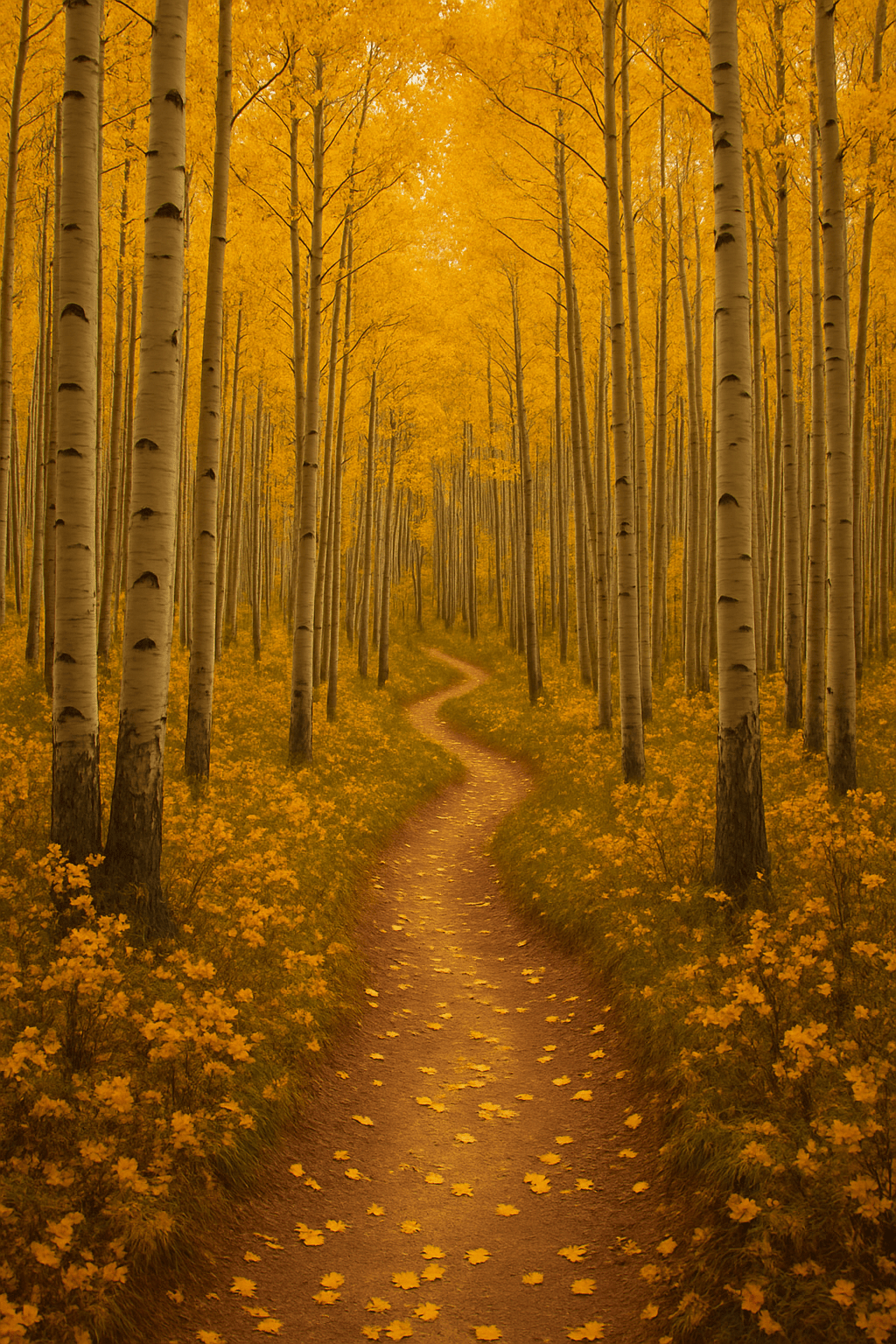 A Winding Dirt Path Lined with Fallen Yellow Leaves Leading Through a Dense Autumn Forest of Tall Birch Trees with Golden Foliage